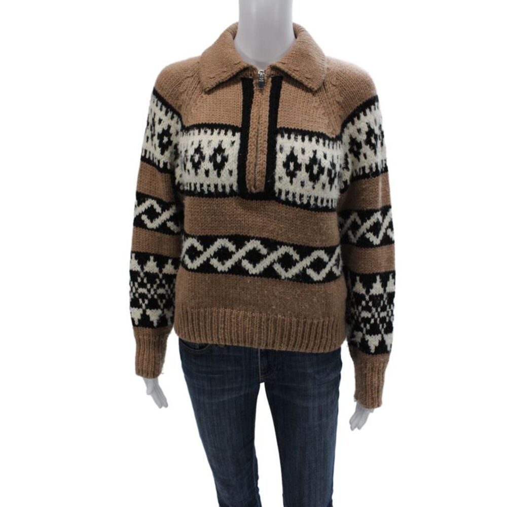A.L.C. Unisex Brown Merino Alpaca Fair Isle Collared Zip Pullover Sweater Size S